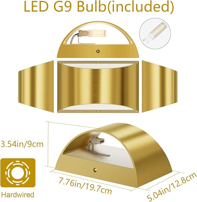 Aipsun 2 Pack Brushed Gold Wall Sconce Indoor Wall Lights Hardwired Up and Down Wall Mount Light for Living Room Bedroom Hallway Corridor Conservatory Warm White 3000K(with G9 Bulbs)