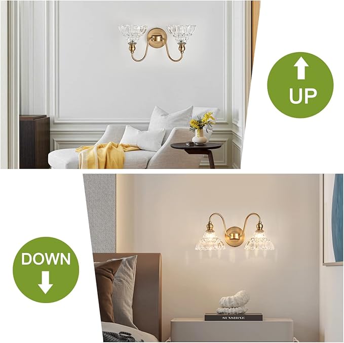 Antique 2-Light Wall Sconce Modern BathroomVanity Light Gold Wall Light Made of Metal Body and Pressed Patterned Glass Retro Vanity Light for Bedroom, Bathroom, Doorway, Foyer, Hallway