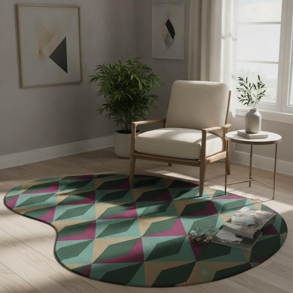Irregular Shaped Area Rug Dark Green Tea Beige Diamond Geometric Pattern Non-Slip Washable Rug for Living Room Bedroom Home Office Minimalist Mid Century Modern Turkish Soft Indoor Floor Carpet 3ft