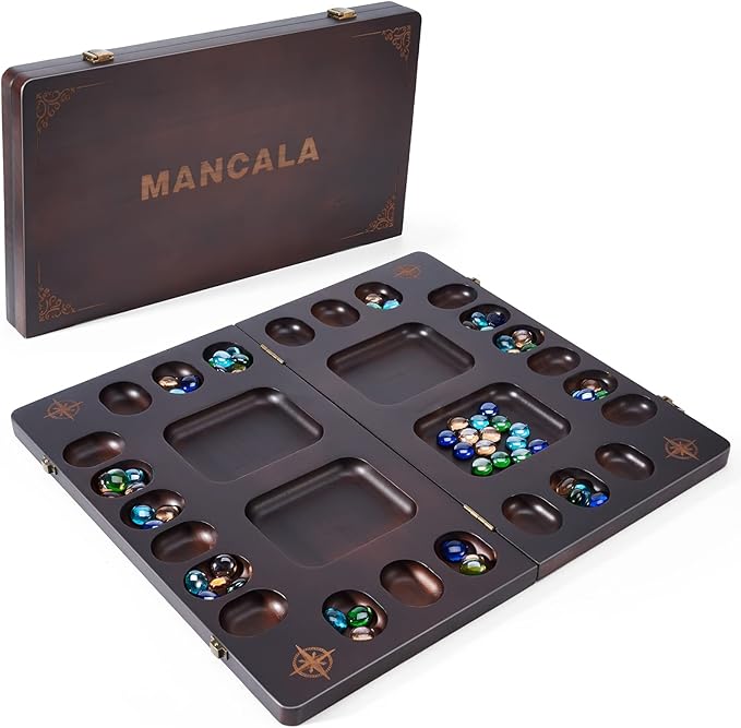 VAMSLOVE Mancala 4 Player Board Game Set Luxury Solid Wood Folding Mancala Board 96+12 Bonus Multi Color Glass Stone Beads Game Instructions Included