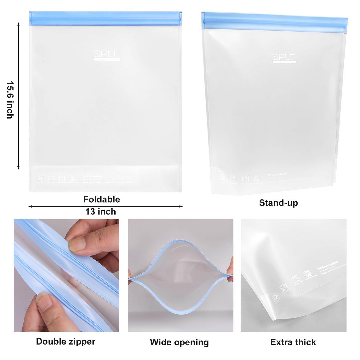 SPLF 10 Pack Stand-Up Reusable Food Storage Bags Dishwasher Safe, BPA Free Reusable Freezer Bags, Extra Thick Leakproof for Meal Prep, Sandwich, Bread, Veggies - 3 Gallon 4 Quart 3 Snack
