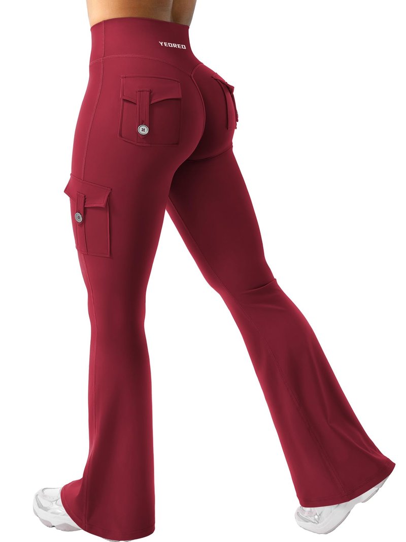 YEOREO CoreFlex Women Workout Flare Leggings with Pockets Hidden Scrunch Cargo Gym Yoga No Front Seam Leggings Wine XS