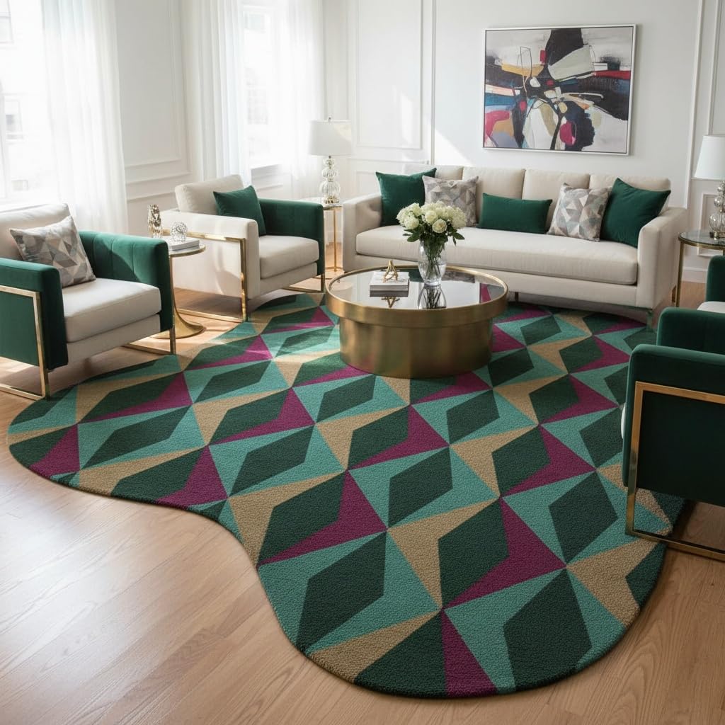 Irregular Shaped Area Rug Dark Green Tea Beige Diamond Geometric Pattern Non-Slip Washable Rug for Living Room Bedroom Home Office Minimalist Mid Century Modern Turkish Soft Indoor Floor Carpet 3ft