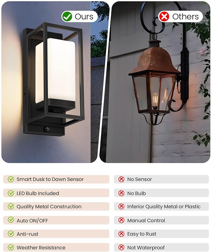 SHIMR Outdoor Wall Light with Dusk to Dawn Sensor, Black Exterior Lighting Fixtures with LED Bulb Included, E26 Base, Waterproof Outdoor Sconce Lights for Porch Garage Front Door, 2 Pack