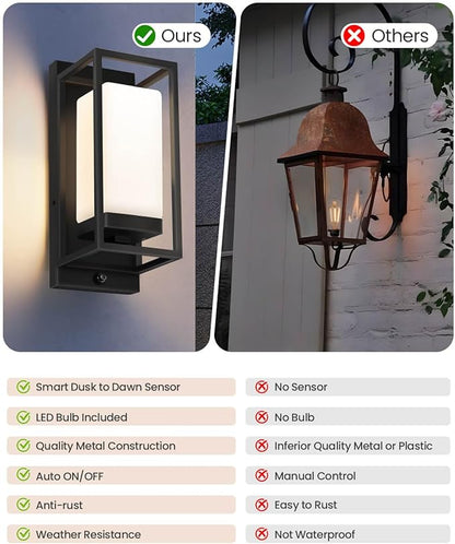 SHIMR Outdoor Wall Light with Dusk to Dawn Sensor, Black Exterior Lighting Fixtures with LED Bulb Included, E26 Base, Waterproof Outdoor Sconce Lights for Porch Garage Front Door, 2 Pack