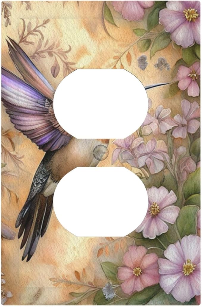 Decorative Art Light Switch Covers Blossom & Hummingbird 1 Gang Single Duplex Outlet Wall Plate Switchplate Electrical Faceplate for Home Decor