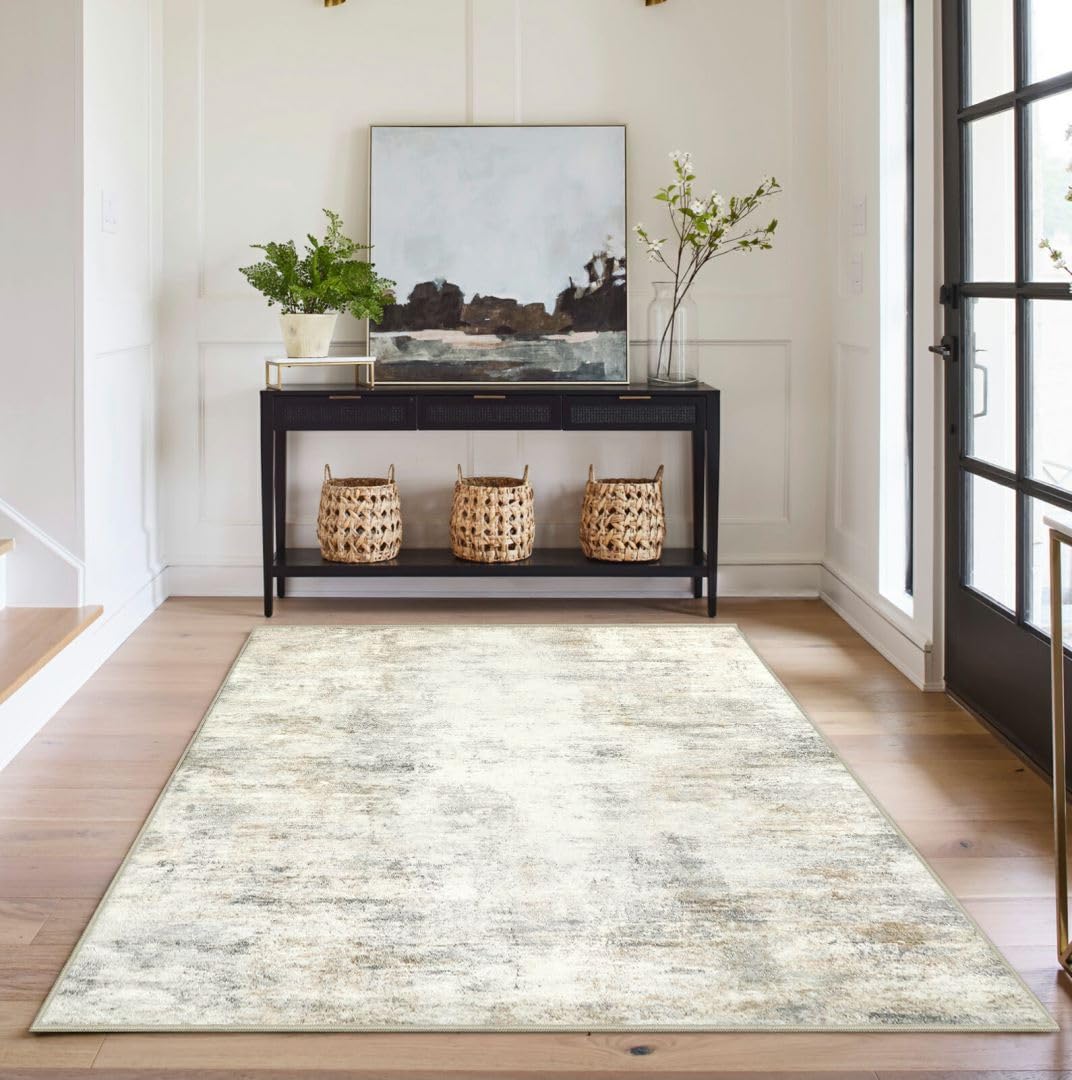 Capslpad Machine Washable Rug, Modern Abstract 3x5 Light Beige Rug, Low Pile Soft Non-Shedding Area Rug for Entryway, Bedside, Living Room, Hardwood Floor
