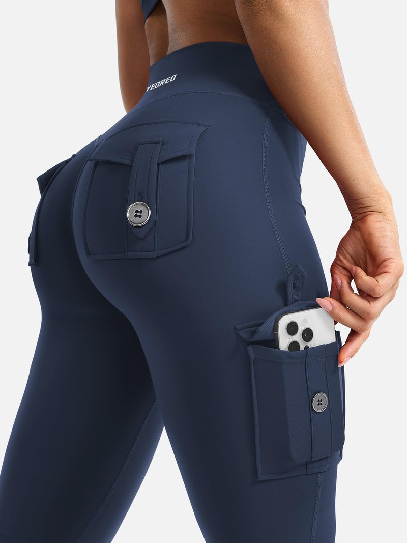 YEOREO CoreFlex Women Workout Flare Leggings with Pockets Scrunch Cargo Gym Yoga Leggings Blue Navy XL