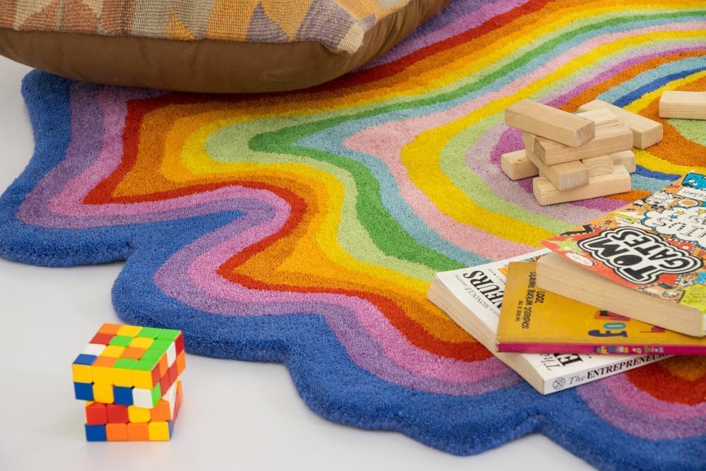 WovenRug Wonders Irregular Shaped Throw Rug Illusion Pattern | Handmade 100% Wool Modern Colourful Stripe Hand-Tufted Area Rugs (7x7 Feet)
