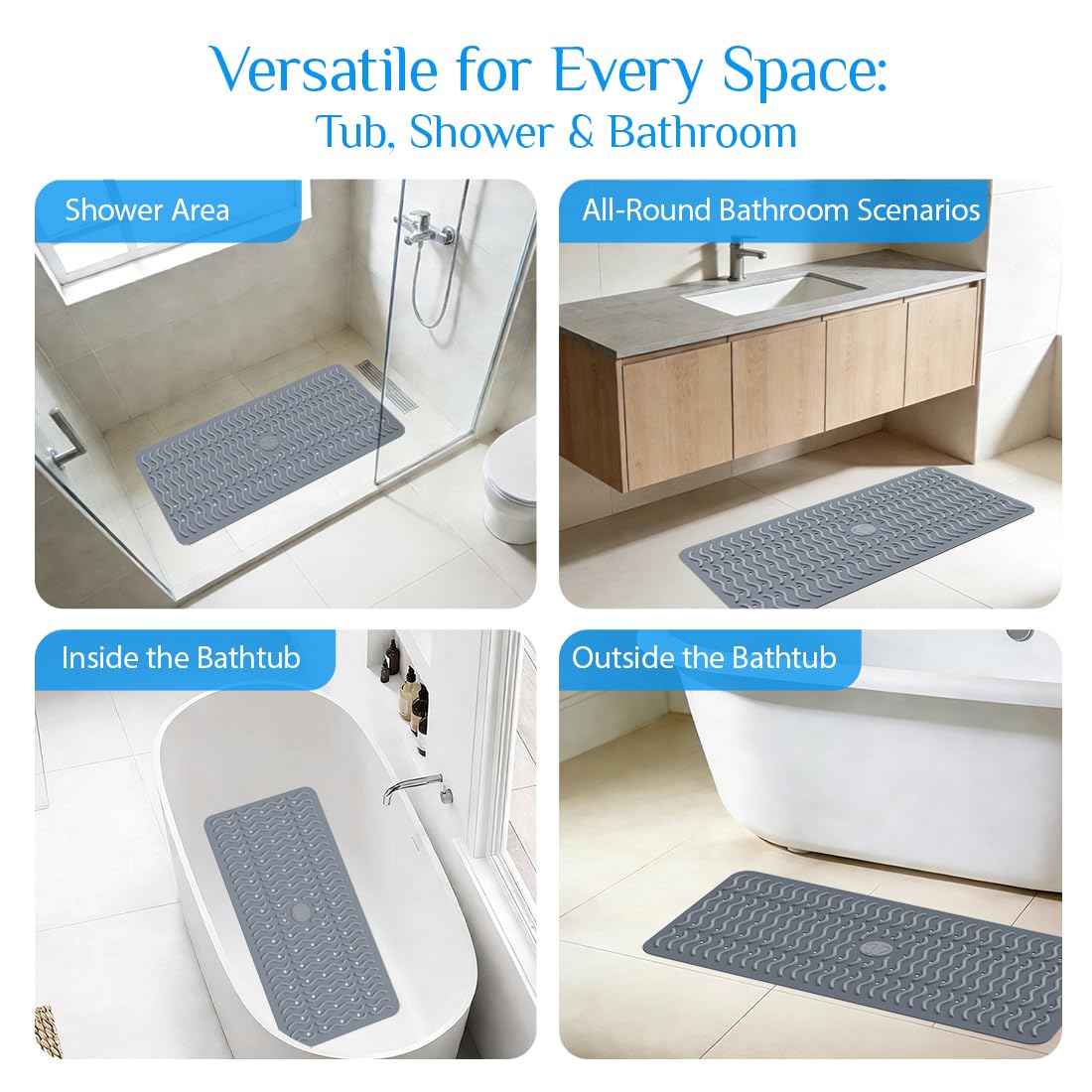 Non Slip Bathtub Mat & Shower Mat, 31x15'' Anti Slip Bath Mat for Tub, Soft TPE Anti-Skid Bathroom Mat with 194 Suction Cups & Drain Holes, Wave-Textured Grip, Machine Washable, Grey