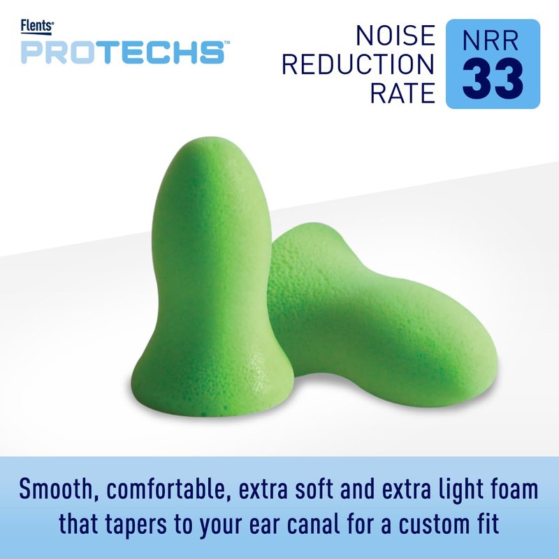 Flents Protechs Foam Ear Plugs, 10 Pair with case Sleeping, Snoring, Loud Noise, Traveling, Concerts, Construction, Studying, Work, Shooting, NRR 33, Noise Cancelling, Green, Made in the USA