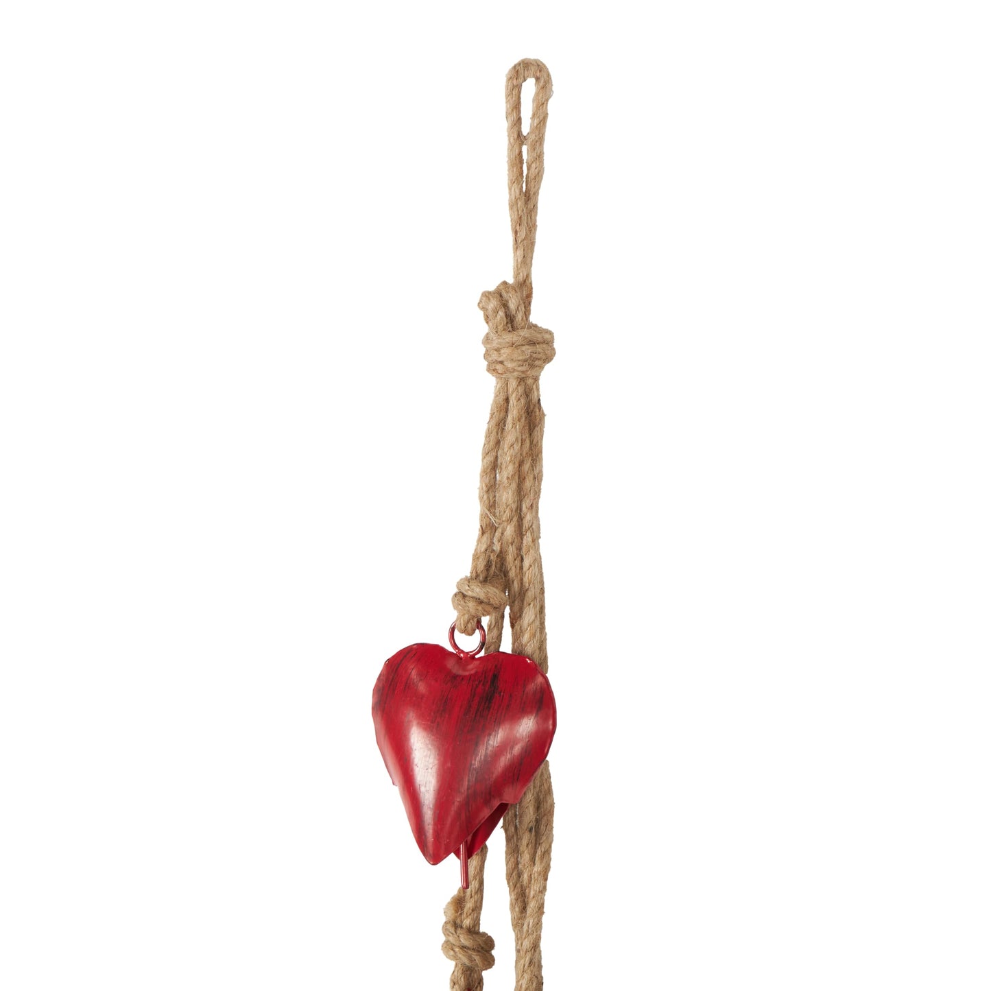 Deco 79 Metal Heart Indoor Outdoor Decorative Cow Bells Tibetan Inspired Meditation Bell with 6 Bells on Jute Hanging Rope, Cow Bell 2.50" x 2.50" x 36.00", Red