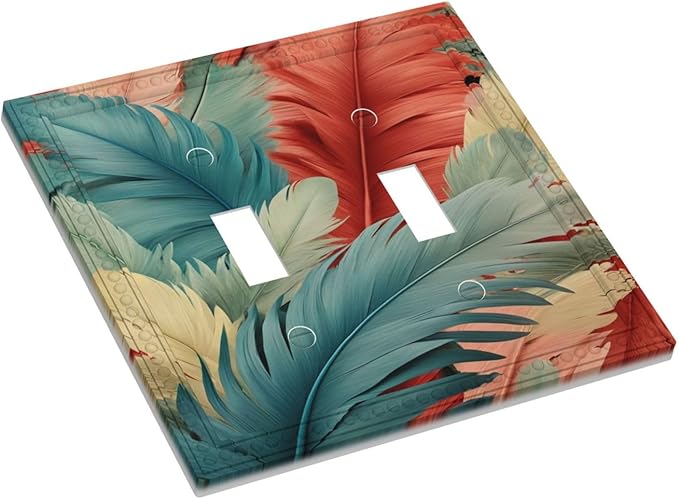 Colorful Feathers Blue Red Light Switch Covers Double Toggle 2 Gang Wall Plate Dual Decorative Switchplate Electrical Faceplate for Farmhouse Decor