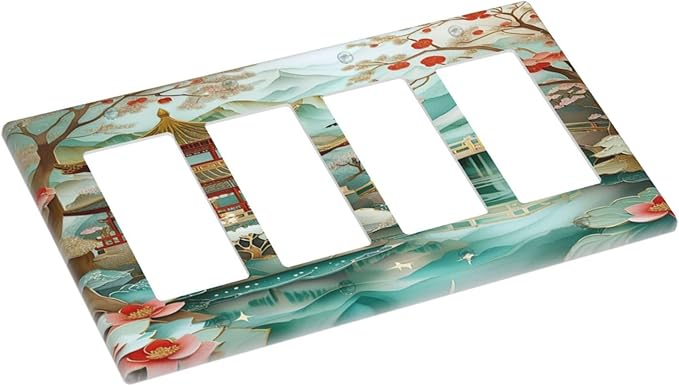 Asian Palace Traditional Bridge Cherry Blossoms Light Switch Cover 4 Gang Rocker Decora Outlet Covers Wall Plate Decorative Switchplate Electrical Faceplate GFCI for Farmhouse Decor