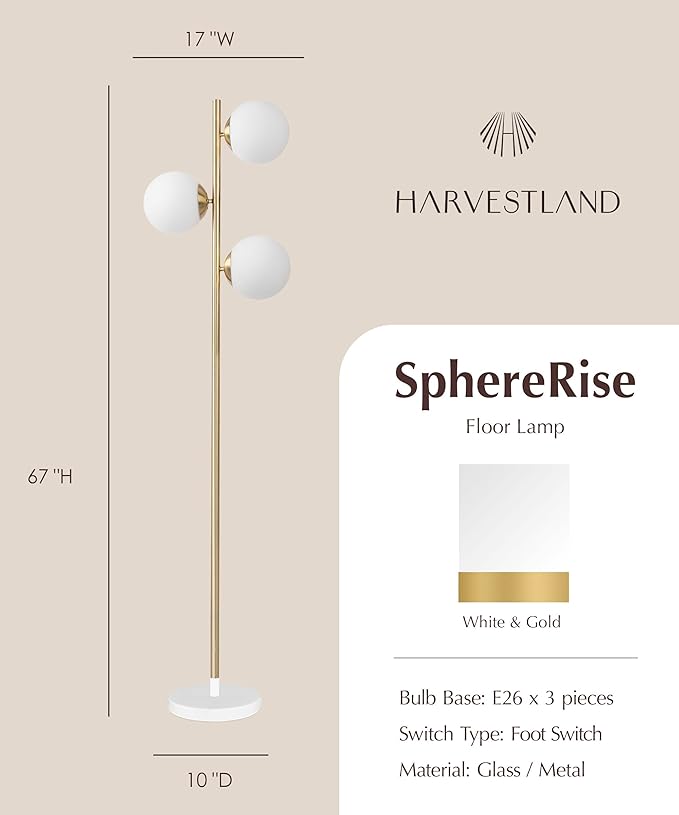 HarvestLand SphereRise Brass Floor Lamp – Globe Floor lamp with Solid Base and 3 Light Glass Floor lamp, mid Century Modern Design