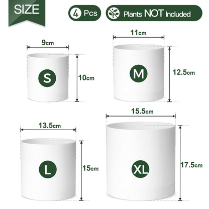 T4U 10/12.5/15/17.5 cm Plastic Flower Pot with Multiple Drainage Holes, Set of 4 Planters, Herb Pot with Saucer, Round Plant Pot for Indoor and Balcony Succulent Cactus, White