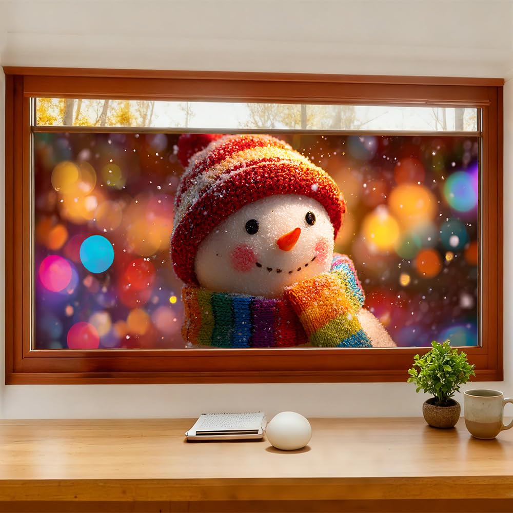 WDESYADMS Window Film 39.4×17.3 Inch PVC Snowman with Rainbow Scarf Winter Lights Pattern Decorative Window Film for Home Privacy Enhancement Seasonal Christmas Window Covering