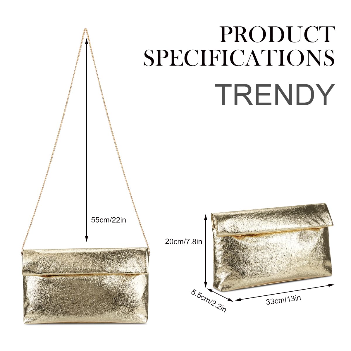 MXCMXC Women's Evening Clutch Bag Metallic Crinkled Leather Clutch Purse, Fold-over Handbag Envelope Purse with Hidden Magnetic (Gold)