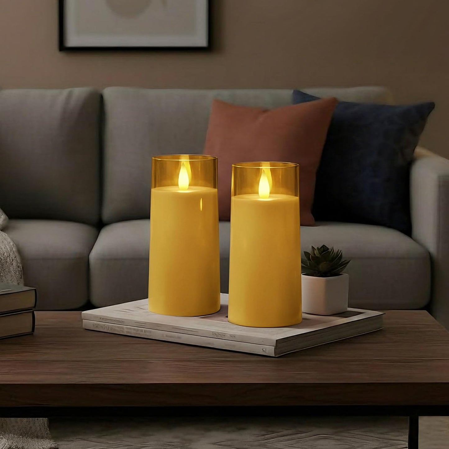 Raycare Flameless Electronic Pillar Candles with Remote Control and Timer- Battery Operated Realistic Flickering LED Fake Candle for Home, Wedding, Valentine's Day Decor, Gold,Set of 2(3"x6"6")