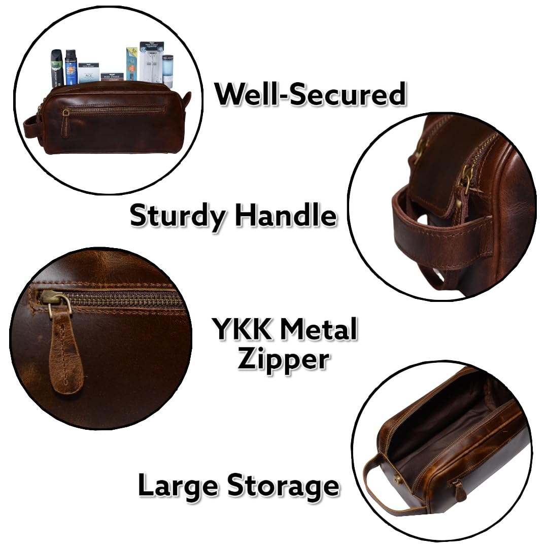 Leather Toiletry Bag With Waterproof Lining 10" King-Size Handcrafted Grooming Kit, Unisex Travel Toiletry Bag, Leather Shaving & Bathroom Organizer, Gift for Men & Women (Combo of 4 Items)