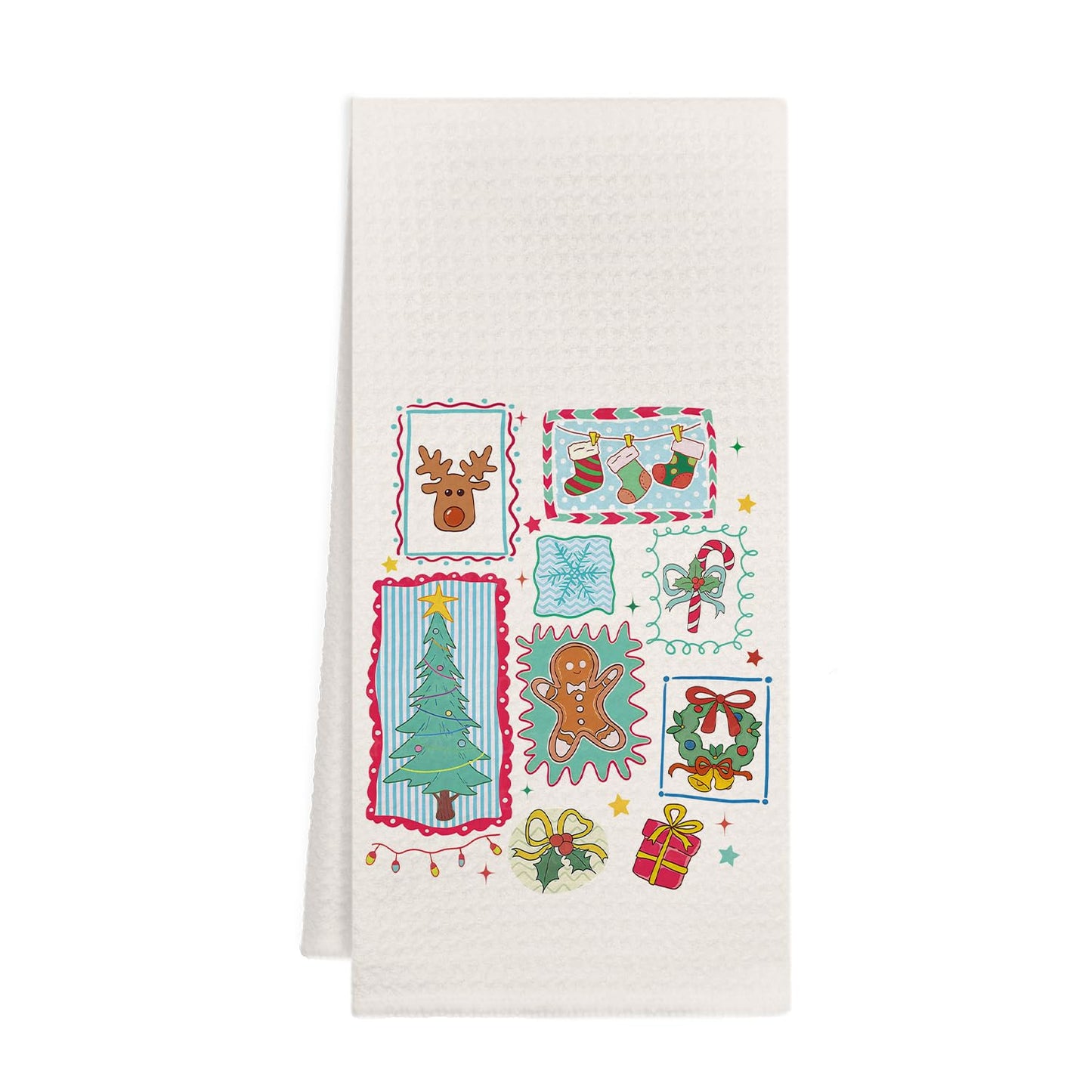 KEUSPI Cute Christmas Kitchen Towels, Christmas Tree Reindeer Gingerbread Wreath Snowflake Stocking Candy Cane Decorative Hand Dish Tea Towels for Kids Bathroom Kitchen, 16x24 Inches