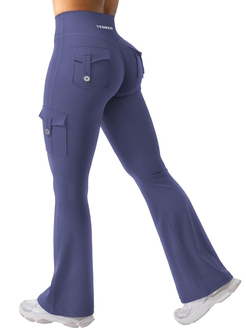 YEOREO CoreFlex Women Workout Flare Leggings with Pockets Hidden Scrunch High Waisted Cargo Gym Yoga No Front Seam Leggings Dark Blue XL
