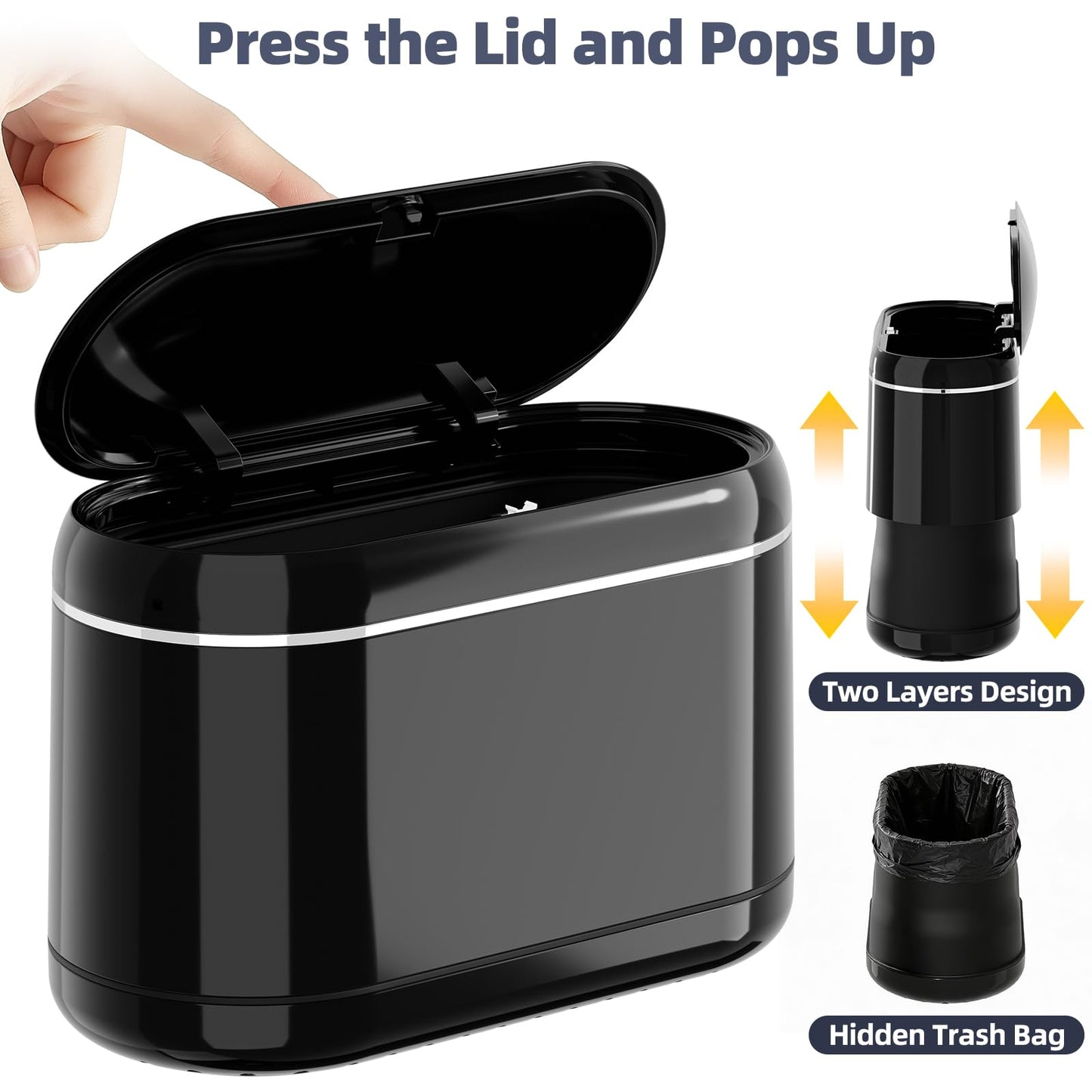 PAVSTINE Mini Trash Can for Desk with 5 Rolls of Trash Bags, Small Press-Top Countertop Garbage Bin, Removable Waste Basket for Bedroom, Vanity, Coffee Table, Kitchen (Black Full-Lid)