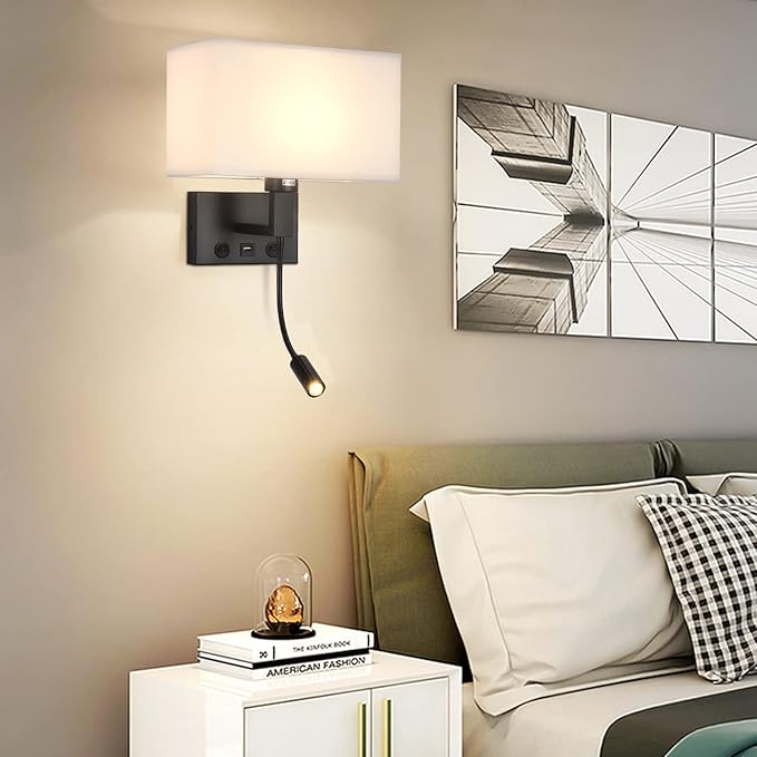 Black Wall Sconces, Hardwired Wall Lamp with USB Port and Reading Lamp, Fabric Shade Bedside Wall Lights with Reading Lamp for Bedroom Living Room Hotels Corridors (Black)