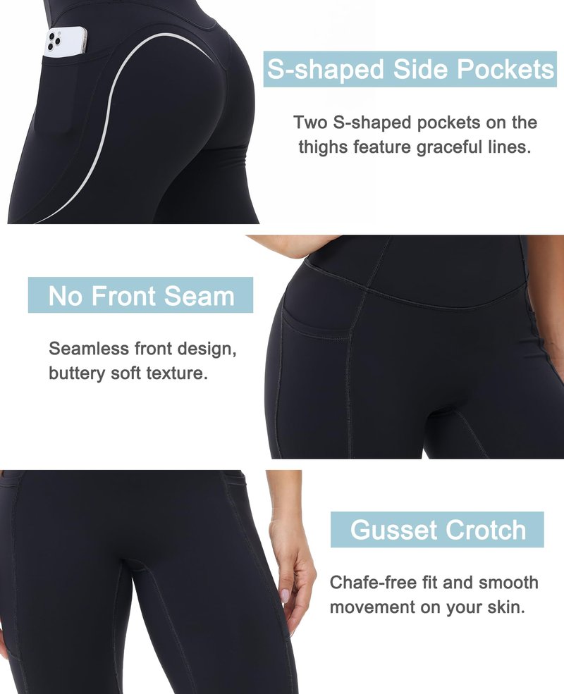 MotoRun Biker Shorts Women Tummy Control with Pockets - High Waisted Workout Shorts No Front Seam Black Yoga Short Leggings Medium