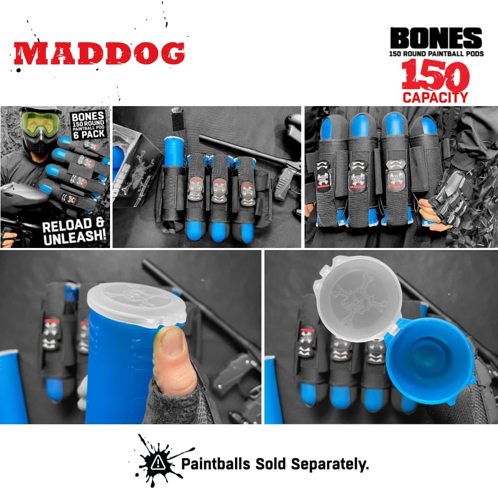 Maddog 150 Round Bones Paintball Pods | Durable Quick Reload Tubes for Tournament and Recreational Speedball Woodsball | 6 Pack - Aqua