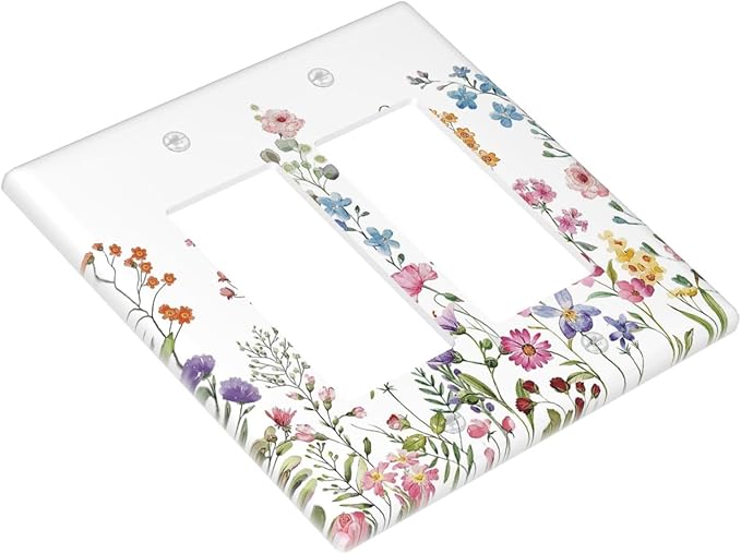 Rustic Wild Floral Vintage Watercolor Flower Double Rocker Light Switch Cover 2 Gang Wall Plate Covers Decorative Electrical GFCI Outlet Plates for Home Bathroom Kitchen Decor