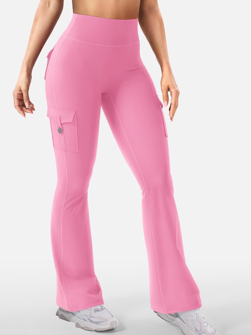 YEOREO CoreFlex Women Workout Flare Leggings with Pockets Hidden Scrunch High Waisted Cargo Gym Yoga No Front Seam Leggings Pink L
