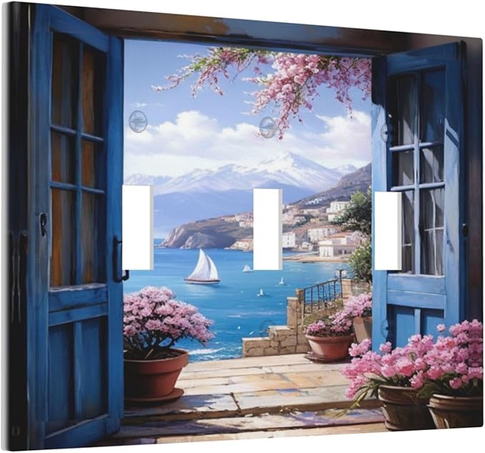 Decorative Art Light Switch Covers Seaside Window View 3 Gang Triple Toggle Wall Plate Decorative Switch plate Electrical Faceplate for Home Decor