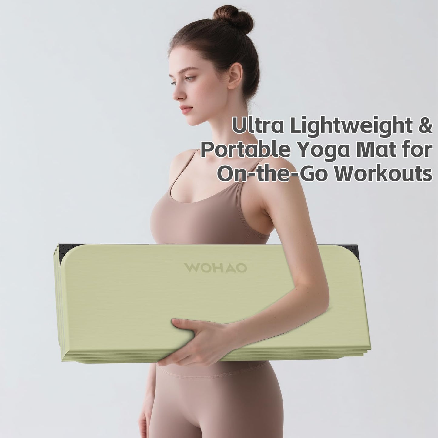 WOHAO Foldable Yoga Mat 70"x24" - Thickened TPE Non-Slip Exercise Mat for Home, Gym & Travel, Lightweight & Easy to Carry, Supports Pilates, Hot Yoga & Floor Workouts (Grass Green + Black)
