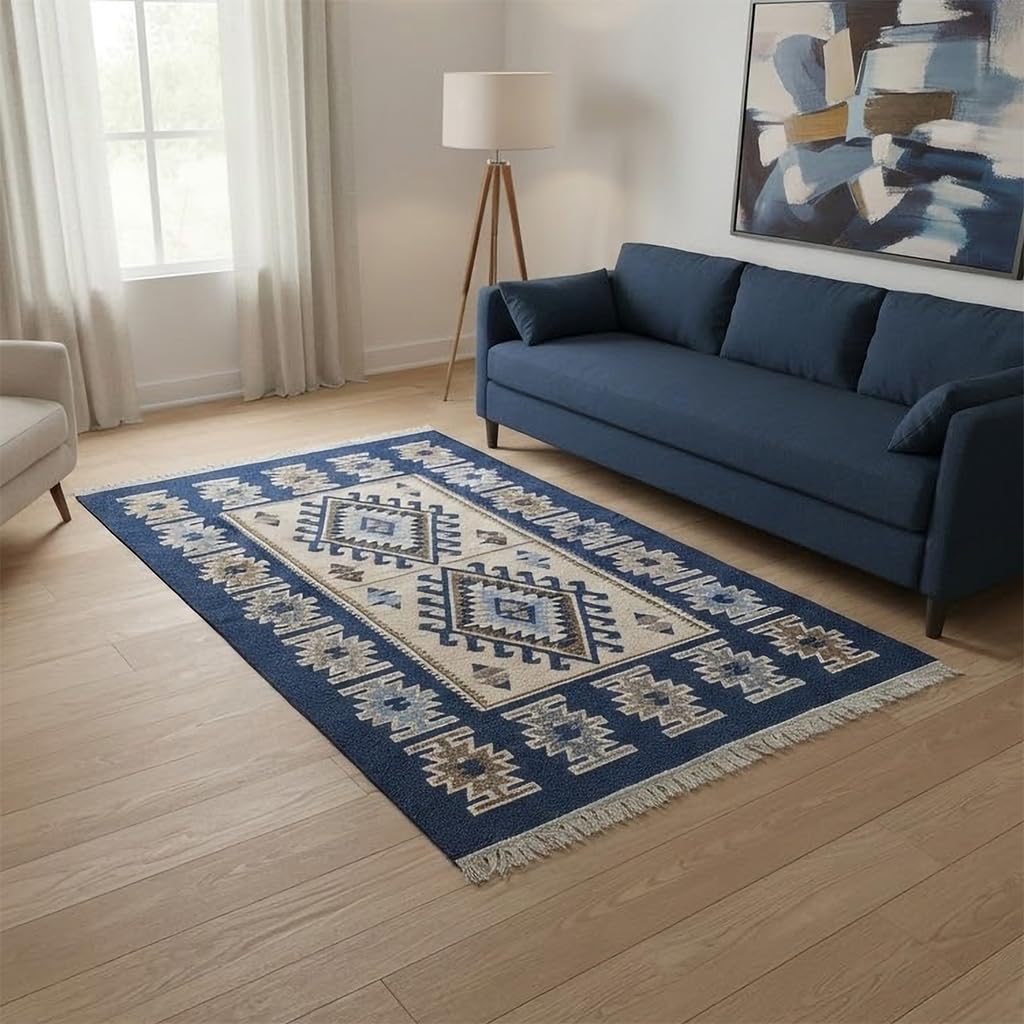Turkish Kilim Rug, Vintage Bohemian Geometric Pattern, Blue and Beige, Reversible, Washable – Area Rug for Living Room, Hallway or Entryway, 2' x 4'1"