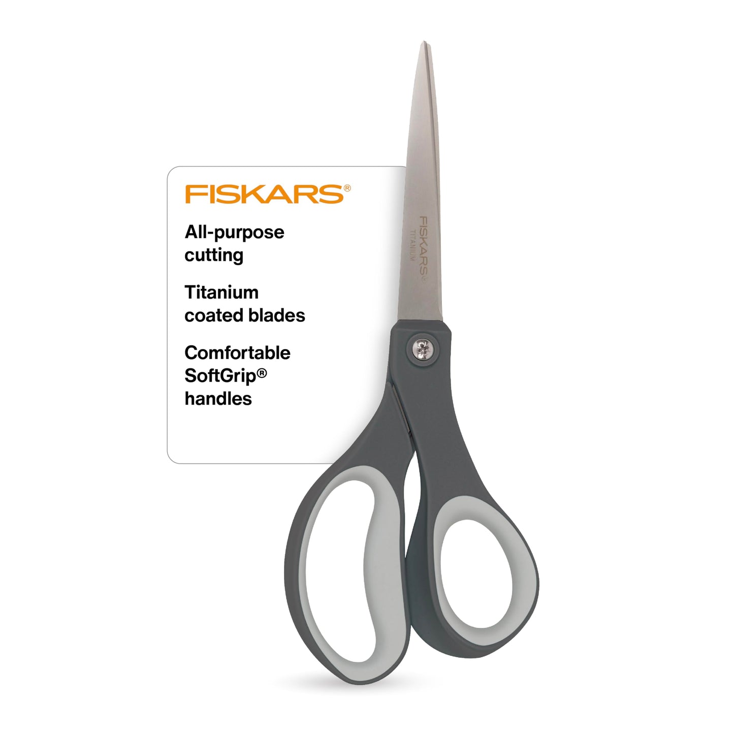 Fiskars 8" Comfort Grip Titanium All Purpose Scissors, Sharp Stainless Steel Blades for Everyday Cutting Tasks, Home, Office, and Arts & Crafts, Gray