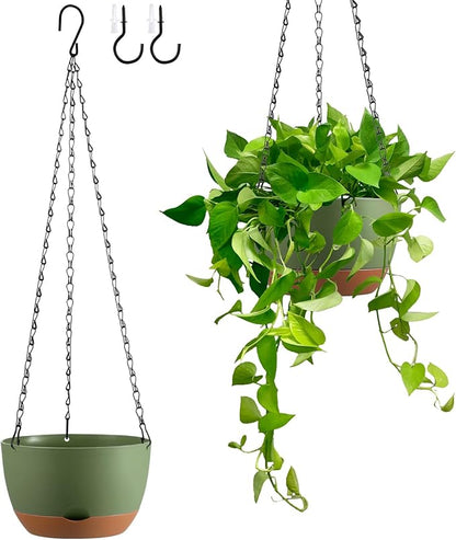 Set of 2 8 Inch Self Watering Hanging Planters for Indoor Outdoor Plants, Color Blocking Hanging Baskets Flower Pots with Drainage Hole & Removable Water-Storage Tray and 20" Chain Hanger