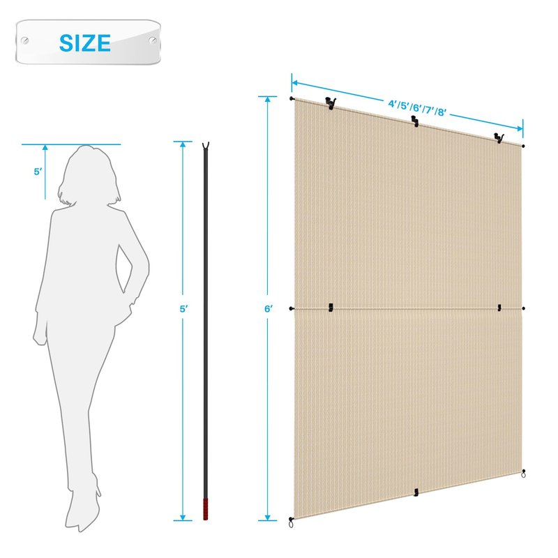 Patio Shades Roll Up Outdoor 8'Wx6'H Foldable Roller Shade Patio Blinds Exterior Block Sun Screen for Outside Porch Deck Balcony Pergola Carport, Beige