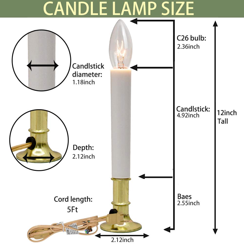 4 Pack Christmas Electric Window Candles Lamps with Gold Plated Base, Christmas Window Candles with 7 Watt C26 Clear Bulbs, Plug in Window Candle Lights for Wedding Home Church Decor, On/Off Switch