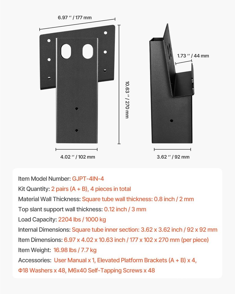 VEVOR Deer Blind Brackets - Heavy-Duty Steel Platform Brackets for Hunting Stands | 3.6x3.6 in, 2204 lbs Capacity, 4 Pcs