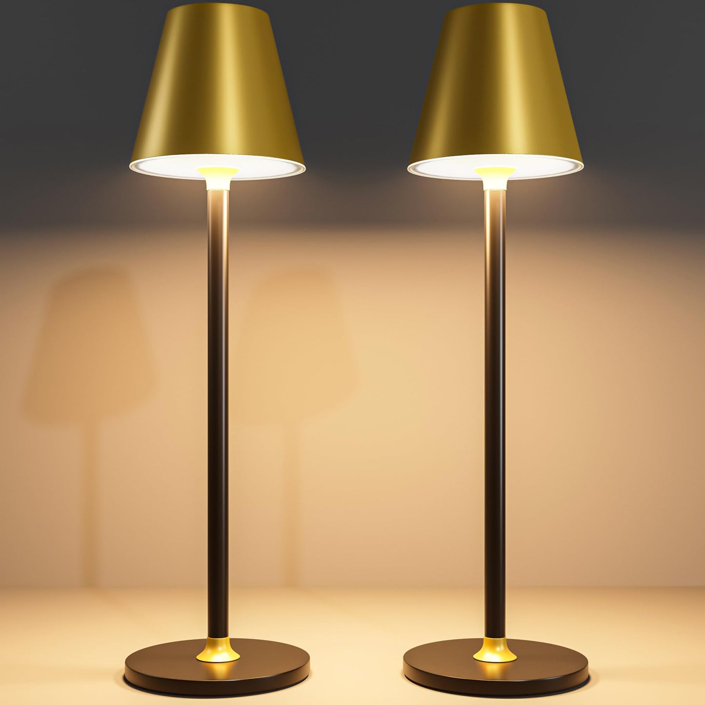 Timjorman 2-Pack Cordless Table Lamps - 5000mAh Rechargeable Battery Operated Desk Lamp, 3-Level Dimmable LED Night Light for Bedroom, Dining, Restaurant - Metal Design(Gold&Black 2-Pack)