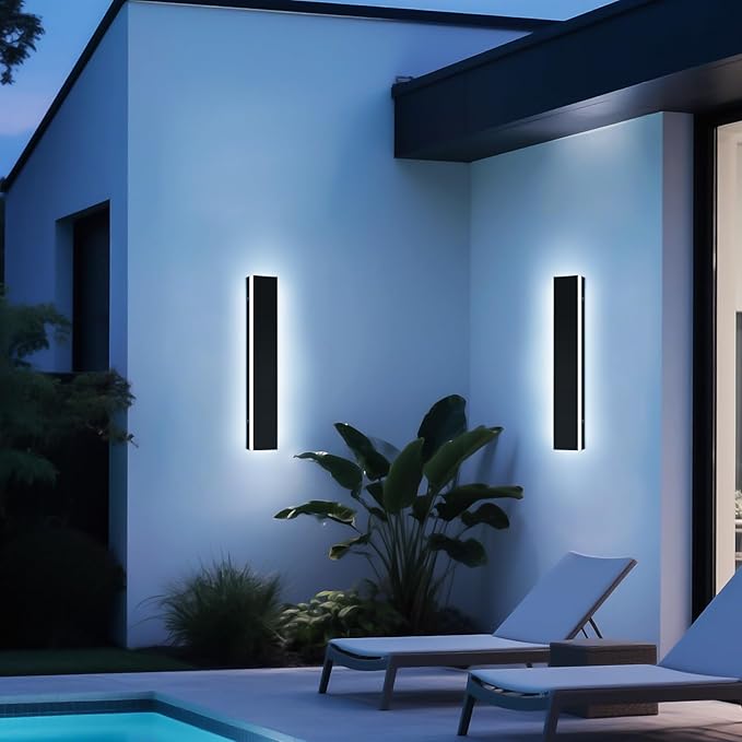 Upgrade Widened 2 Pack Outdoor Wall Light Fixture, 23.6inch Modern Long Linear LED Sconces, 3 Color 3000K/4500K/6000K, IP65 Waterproof, 24W, Exterior Lighting for House, Patio, Garage, Fence