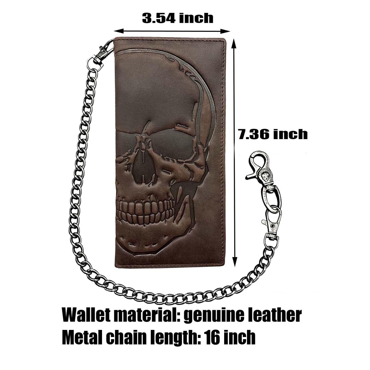 Paomadeng Skull Long Bifold Wallet for Men Full Grain Cowhide Genuine Leather Biker Wallet with Chain, RFID-Blocking, Brown