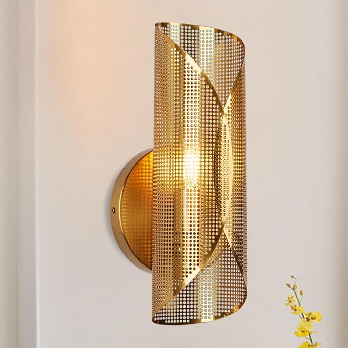 21.6 Inch Curved Perforated Wall Sconce, Hand-Made Aged Brass Metal Wall Mounted Light Beside Mirror, Luxury Wall Light for Bedroom, Elegant Light Fixture for Indoor