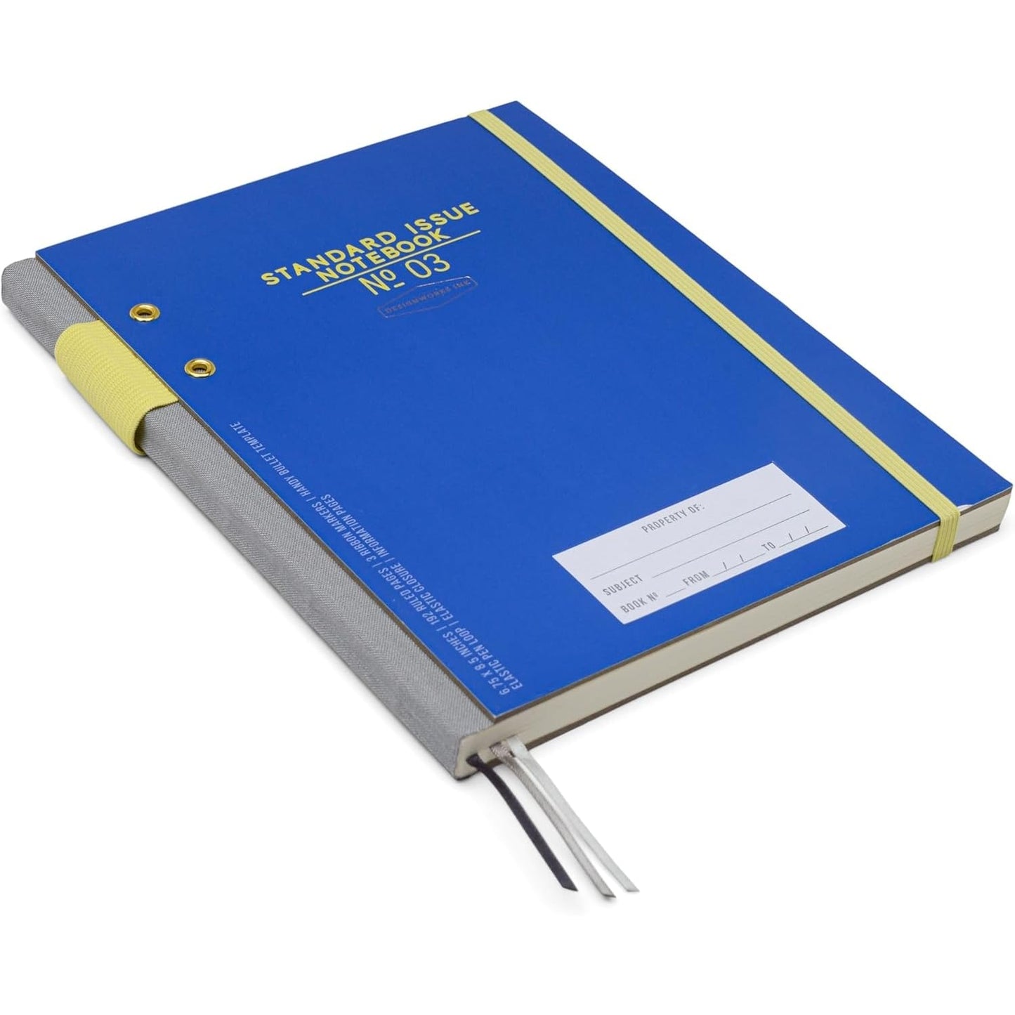 DesignWorks Ink Standard Issue Notebook No. 3, Undated Daily Planner & Writing Journal, 192 Lined Pages, Pen Holder, Small Notebook for Work & Journaling, 6.75 x 8.5 in, Cobalt & Citron
