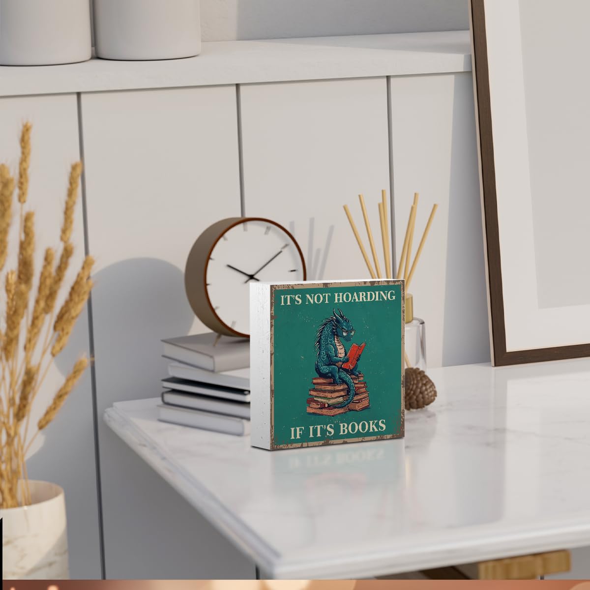 Dragon Decor Reading Wooden Box Sign, Dragon Bookshelf Library Decor Rustic Country Wooden Sign, Fantasy Book Merch Bedroom Reading Corner Book Shelf Desk Decorations Supplies