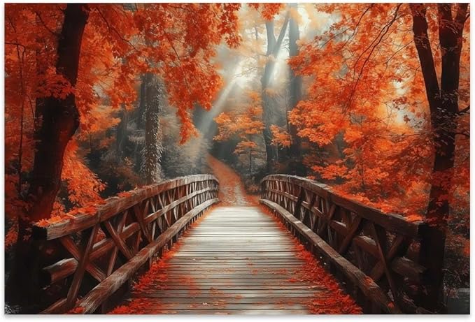Yesad Autumn Bridge Canvas Wall Art, Fall Wall Art Room Décor Natural Posters Autumn Pictures Prints Wall Décor for Living Room Bedroom (Unframed,12”x8”,Bridge)