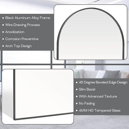 16" x 20" Black Arched Mirror, Arch Bathroom Wall Mirror, Metal Frame Arched Top Bathroom Vanity Mirror for Living Room, Bedroom, Entryway, Tempered Glass, Shatter Proof