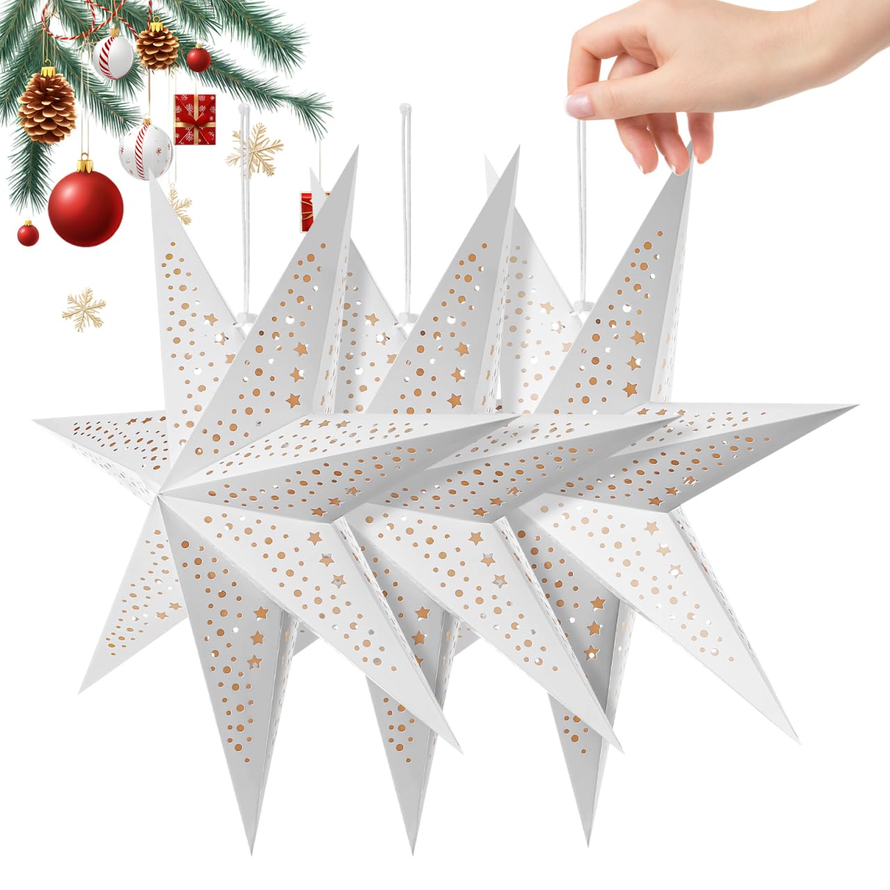 VICASKY 3-Pack Paper Star Lantern Lampshades White Seven-Pointed Star Design Easy Install Christmas Hanging Pendant Decor