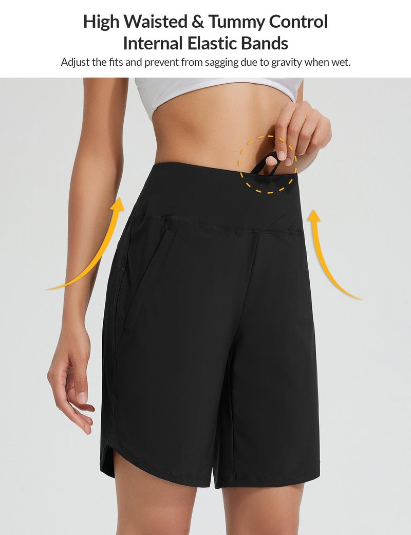 baleaf Long Board Shorts for Women Swimming High Waisted Swim Shorts Tummy Control Quick Dry Bathing Suit Shorts UPF 50+ with Liner Black L